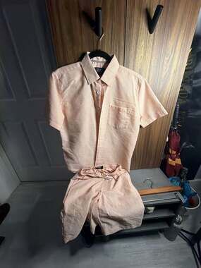 Triumph Tragedy Peach Seersucker Two-Piece Set Short Sleeve Button Up and Shorts